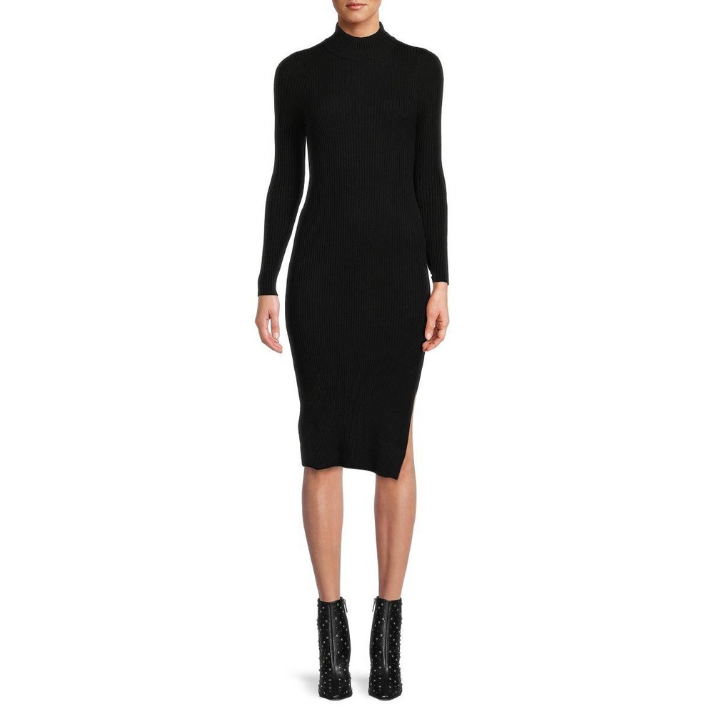 Magaschoni NWT Black Ribbed Mock Neck Long Sleeve Midi Bodycon Dress Size S